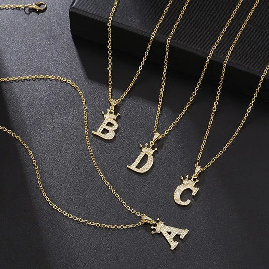 Female Cubic Zircon Crown Alphabet Pendants Necklace For Lady Copper Mini A- Z Letter Charms Necklace 26 Initial Collares Jewelr